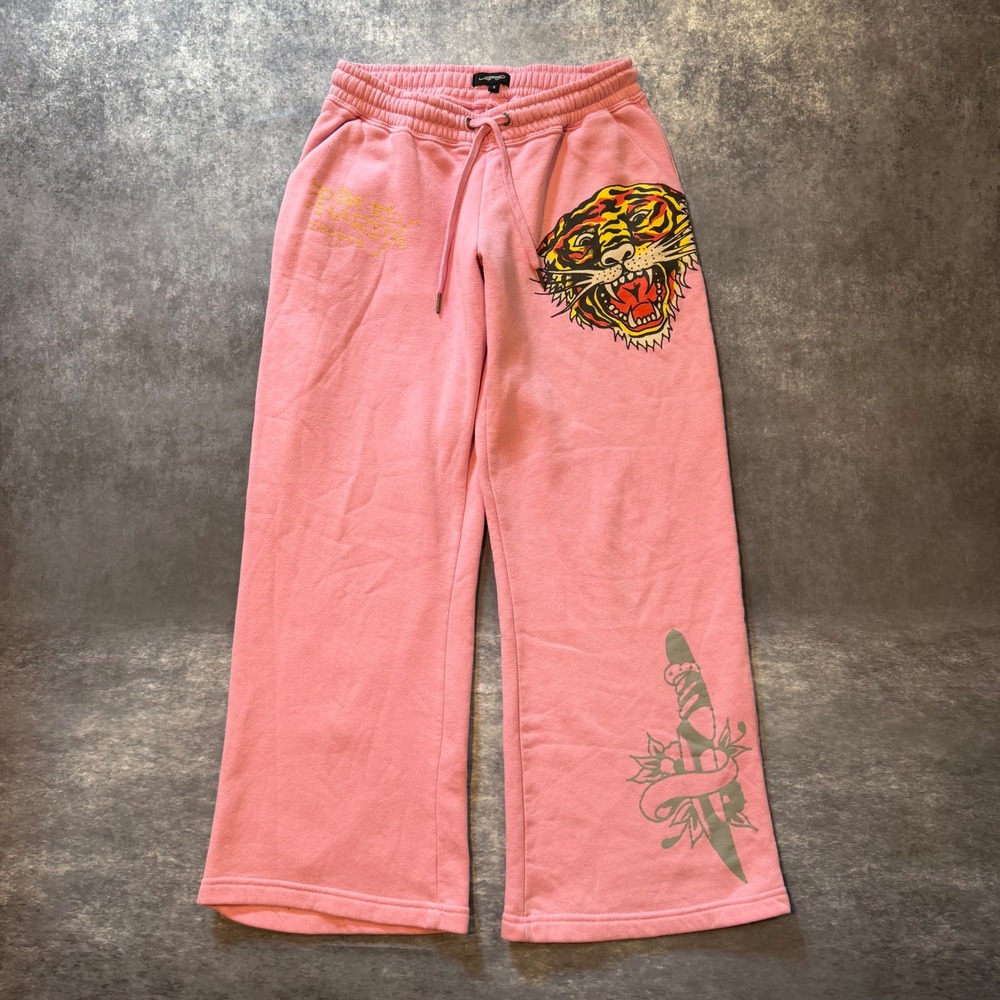 Ed Hardy Pink Tiger Dagger Sweatpants Womens Small Wide Leg Y2K Tattoo Graphic